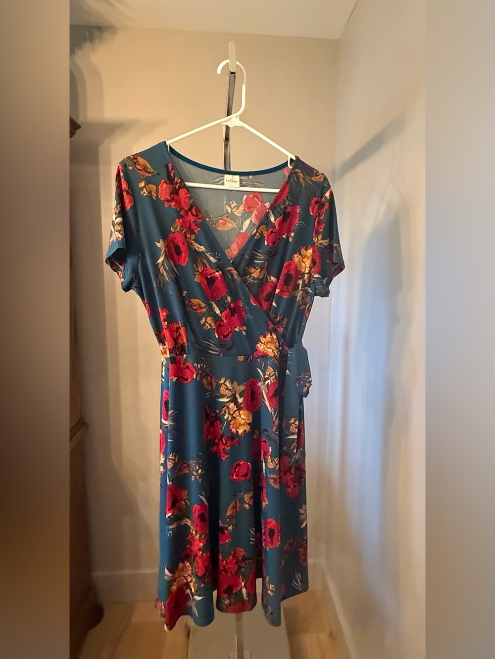 Kaileigh Teal Floral Wrap Dress with Red & Gold Accents